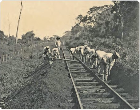 Foto da regularização, alinhamento e nivelamento de linha - Implantação da ferrovia Pelotas-Canguçu - aproximadamente 60 km - 1950.
